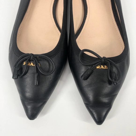 Prada Bow Logo Pointed Toe Flat in Black Leather Shoes Size 7 - Picture 3 of 7